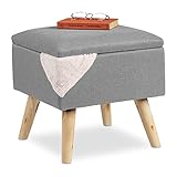 Relaxdays Hocker mit Stauraum, Kunstleinen-Bezug, gepolstert, Holzbeine, Fußhocker mit Deckel, HBT 40x40x40 cm, hellgrau