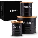 Donify® Vorratsbehälter 3er Set | praktische Aufbewahrung von Kartoffel, Zwiebel und Knoblauch | längere Frische durch raffiniertes Belüftungssystem | Deckel aus nachhaltigem Bambus |