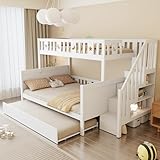 Gxffipw Etagenbett Kinderbett 90x200 & 140x200 cm mit Ausziehbett und Rausfallschutz, Hochbett Bett mit Stauraum und Treppe, Stockbett Holzbett Bettgestell mit Lattenrost, Weiß, Ohne Matratze