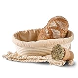 Praknu Gärkorb Oval 28cm - Set mit Bürste, Leinentuch & Brotbeutel - Brotkorb aus nachhaltigem Rattan - Zum Brotbacken - Brot Backen Zubehör