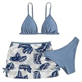 3 Stück Mädchen Bikini Sets Einfarbige Badeanzug mit Blatt Drucken Rock Sommer Strand Bademode Badebekleidung Schwimmanzug 6-14 Jahre
