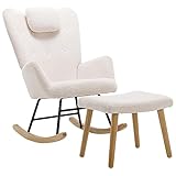 HAINEW Schaukelstuhl Schwingsessel Relaxstuhl Sessel Stuhl Wohnzimmersessel Akzentstuhl Armlehnen mit Kopfstütze und Fußstütze, Weißer Teddy Plüsch Stoff, Belastbarkeit bis 100 kg (Weiß)