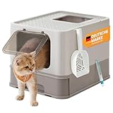 Feandrea Katzenklo, Katzentoilette, mit Deckel, ausziehbares Tablett, Schaufel, Bürste, für Katzen bis 15 kg, weniger Spuren, auslaufsicherer Boden, haferflockenfarben-warmgrau PPT001G01