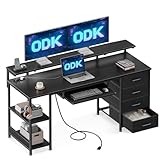 ODK Schreibtisch mit 4 Schubladen, Computertisch mit 2 Steckdosen und 2 USB Ladeanschluss, PC Tisch mit Regal, Gaming Tisch mit Tastaturablage fürs Büro, Wohnzimmer (Schwarz, 140x52x92cm)