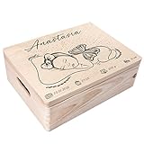 Creative Deco Erinnerungsbox Baby Holzkiste Personalisiert | 40 x 30 x 14 cm (+/-1cm) | Mädchen Motiv für Geburt & Taufe | Groß Natur Geschenk Spielzeugkiste Holzbox mit Deckel und Griffen Gravur
