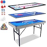 homelikesport 5 in 1 Zusammenklappbar Billardtisch, Pooltisch, Tischtennisplatte,Bowling/Kegeln,Air Hockey,Shuffleboard,Spieltisch mit 2 Queues, Kugelset, Dreieck, ca.137 x 68.5X 78.5cm