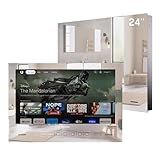 SYLVOX Spiegel Fernseher für Bad 24 Zoll, IP65 Wasserdichter | Google TV 1080P | 60Hz | Hotspot & WiFi|500 Nits Helligkeit Doppelte Frontlautsprecher, 12V Smart TV für Hotel Gym Sauna(Eingebettet)