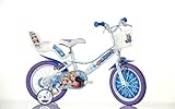 Dino Bikes – 14 Zoll Kinderfahrrad Eiskönigin – Mädchen Fahrrad mit abnehmbaren Stützrädern ab 3 Jahren – Kinderrad mit Frontkorb & Puppenträger – verstellbare Sattel- & Lenkerhöhe (Weiß-Blau)