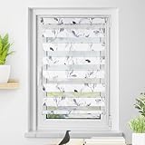 Deswell Doppelrollo Klemmfix ohne Bohren Weiß-blätter B80 x H120 cm (Stoffbreite 76cm) Doppelrollo mit Muster, Duo Rollos für Fenster ohne Bohren Rollos mit Motiv, Seitenzugrollo Lichtdurchlässig