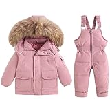 BlzzWo Skianzug Kinder 2 Teilig,Schneeanzug Baby,Winter Skijacke + Skihose Daunenjacke Mantel mit Schnee Lätzchen Hose Jungen Mädchen (01-2-rosa,12-18 Monate)
