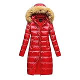 Beokeuioe Winterjacke Frauen Glänzend Daunenjacke Slim Pufferjacke Glänzender Mantel Damen Daunenjacke Lange Steppjacke Glänzende Mäntel Wintermantel Faux Pelzkragen Oberbekleidung