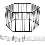 VOUNOT Kaminschutzgitter Freistehend mit Tür, 375cm inkl. 6 Elementen, Ofenschutzgitter Metall für Kinder, Kamingitter Ofengitter Kinderschutz, Laufgitter Laufstall Absperrgitter Baby, Schwarz