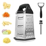 6-Kant Edelstahl Küchenreibe mit Behälter, Handreibe mit Schäler und Reinigungsbürste, Multi Gemüsehobel für Grobes, Mittleres, Feines, Reibe und Schneiden, Praktische Gadgets für Küche