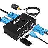 DGODRT 2 Port KVM Switch USB VGA mit KVM Kabeln, KVM Umschalter für VGA Monitor und USB Tastatur Maus, Schwarz, Drucktaste, AUF-NEIN-EIN