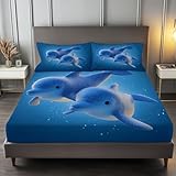Niedliche Cartoon Delfine Spannbettlaken mit tiefen Taschen von 30 cm, 140 x 200 cm Spannbettlaken Set für Kinder Erwachsener, Spannbetttuch Weiche Atmungsaktiv Microfaser mit 2 Kissenbezug, Blau