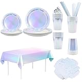 Partygeschirr , Vexillic 121 Stück Pappteller Geburtstagsteller mit Servietten, Pappbecher, Tischtuch, Stroh Wiederverwendbar für Geburtstag,Jubiläum, Hochzeit, Bachelorette Party für 24 Gäste
