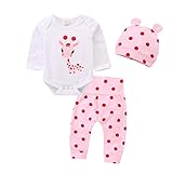 Juflam Neugeborene Baby Mädchen Kleidung Giraffe Strampler+Rosa Punkt Hose+ Hat 3Pcs Bekleidungssets (Mehrfarbig, 3–6 Monate)