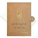 møij Karte zur Hochzeit aus Kraftkarton mit goldener Heißfolienprägung - Hand in Hand - Inkl. Briefumschlag und Wachssiegel