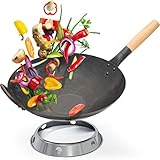 Flavemotion Wok + Wokring für Gasherd, Grill (36 cm, flacher Boden, vorgekocht) handgehämmerter Wok aus Karbonstahl mit Holzgriff, inkl. Wokring zur Aufbewahrung