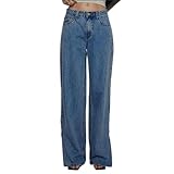 Achlibe Damen-Jeans mit weitem Bein, klassischer Streifendruck, niedrige Leibhöhe, Denim-Hose, Glockenhose, ausgestellte Jeans für Frauen, blau, M
