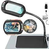 Drdefi 10X Rectangle Lupe mit Licht und Ständer, Echtes Glas Lupenlampe, 5 Farbmodi Stufenlos Dimmbar, Flexible Schwanenhals LED Beleuchtete Schreibtischlampe, Freihändige Lupenleuchte für Lesen Hobby