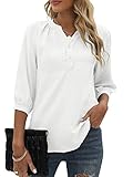 Bequemer Laden Damen V-Ausschnitt 3/4 Ärmel Bluse Knopfleiste Chiffon Tunika Casual Swiss Dot Oberteile Tshirt Tops für Sommer und Frühling 2023, Weiß, L