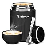 Thermobehälter für Essen, 600ml Edelstahl Thermobecher Essen mit Löffel, 100% auslaufsicher, Warmhaltebehälter Essen, Mueslicup oder Babybrei Warmhaltebox, Thermo Speisgefäß Unterwegs (Schwarz)