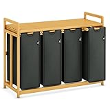 AdelDream Wäschekorb mit Bambusrahmen 200L 4 Fächer ausziehbarer und abnehmbarer Wäschesack Wäschesammler Wäschebox laundry baskets Bambus Grau-06-20