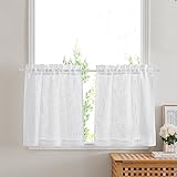 PONY DANCE Scheibengardinen Kurz Leinenoptik Gardinen Weiss Halbtransparent Fenstergardinen 2er Set B 60 x H 45 cm Küchengardinen Fenster Kurzgardinen mit Stangedurchzug Vorhänge Wohnwagen