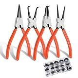 GWAEPU 7-Zoll Sprengringzangen Set 4tlg: Sicherungsringzange mit Spitzzange Gebogen 300Stück Federwellen-Haltering Elastischer Manganstahl