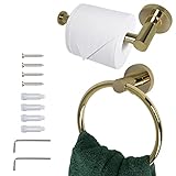 MEGAVOW 2-teilig Handtuchring und Toilettenpapierhalter Set - Wandmontage Edelstahl Badezimmer Zubehör Set, Gold