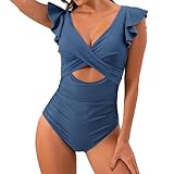Badeanzug für Damen, Schwimmbad, Badeanzug für Damen, sinnlich, One Piece, Bodysuit Schwimmen mit gepolstertem Halter, Rundhalsausschnitt, Einteiler mit gepolsterten Cups, Push Up Quick Drying, blau,