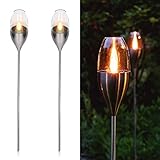 Navaris 2x LED Solar Edelstahl Gartenfackel - 8,5 x 112cm - Garten Fackel Solarleuchten Set - Außen Kerzenschein-Effekt Solarfackel Metallic Silber