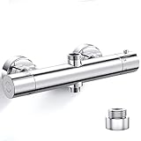 ROWINNAO Duscharmatur Mit Thermostat Runden Duschthermostat Messing Mischbatterie für Dusche mit 2 Auslässen, Oben 3/4'BSP(26.4 mm) + Unten 1/2'BSP(21 mm), Brausearmatur mit 38 °C Sicherheitstaste