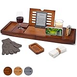 Temple Spring - Badewannenablage Bambus mit Kerzen-, Weinglas-, Buch-, Tablet-, iPad- und Telefonhalter. Badewannentablett ausziehbar, Badewannenablage Holz, Bathtub Tray 100% Bambus - Braun
