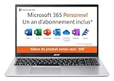 Acer Aspire 1 A115-32-C3AK Ordinateur Portable 15.6' FHD (Intel® Celeron® N4500, Ram 4 Go, 128 Go eMMC, Intel UHD Graphic, Windows 11) - Clavier AZERTY, Laptop Gris + Microsoft 365 Personnel Inclus