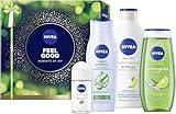 NIVEA Feel Good Geschenkset, Geschenk für Frauen, Geschenkbox mit Duschgel (250 ml), Shampoo (250 ml), Body Lotion (400 ml) und Deo (50 ml)
