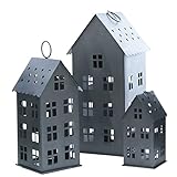 Spetebo Laterne MALMÖ 3er Set 43/31 / 20 cm zum Hängen - dunkelgrau - Metall Windlicht in Haus Form mit Herzen - Deko Kerzen Halter Ständer Lampion für Außen und Innen