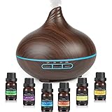 Aulaya Aroma Diffuser, 300ml Duftöl Diffuser mit 6 * 10ml Ätherische Öle, Öl Diffusor Ultraschall Luftbefeuchter mit 2 Sprühnebel-Modi 7 Farben LED für Luft Aroma, Raumduft, Yoga, Büro, SPA
