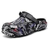 FLIOZY Herren Clogs im Tarnmuster – Leichte Wasserschuhe mit Verstellbarem Fersenriemen – Atmungsaktive Garten- und Outdoor-Gummischuhe für Strand, Pool, Garten und Sommerwanderungen Black 46