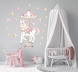Wally Fox - Wandsticker Kinderzimmer - Wandtattoo Babyzimmer - Ungiftig, sicher, leistungsstark - Set - Karussell, Pony, rosa, Sterne, Rosen - Rosa- und Goldtöne - 55x110cm