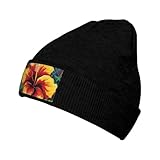 DAPIPILAI Beanie-Mütze, Unisex, Strickmütze, warm, lässig, Totenkopfmütze, bunte Hibiskus-Bündchen, Wintermütze, Schwarz , Einheitsgröße