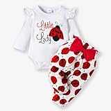 PATPAT Baby Kleidung, 3Pcs Baby Kleidung Mädchen mit Strampler Langarm + Hose mit Marienkäfermuster + Stirnband Bekleidungssets, Baby Weihnachtsoutfit, Weihnachtskleid Mädchen 0-24 Monate 55-89 cm