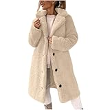 Guhmomh Teddyjacke Damen Lang Fleecejacke Teddy Trenchcoat Warm Wintermantel Kuscheljacke Flauschig Mantel Winter Sherpa Jacke Einfarbige Plüschjacke Outdoorjacke Winterjacke Fleecemantel Beige L
