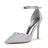 Zhabtuc Silber Strass Pumps für Damen Glitzer Knöchelriemen Stiletto Heels 10 cm/3,94 Inches Funkelnde Spitze Absatzschuhe Party Hochzeit Heels Brautschuhe Glänzende Stöckelschuhe, 38 EU
