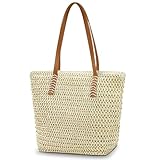 Aucuu Strohtasche, Strandtasche Damen, Stroh Handtasche mit Ledergriffe und Reißverschluss, Groß Schultertasche Umhängetasche für Urlaub Reisen Strand Sommer