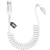 Zestiq Spiralkabel USB A auf Lightning Kabel 2M, Apple Carplay Kabel Datenkabel, iPhone Ladekabel Auto USB Lightning Kabel für iPhone 14, 13, 12, 11 Pro Max, XR, XS, X, 8 Plus, SE – Weiß