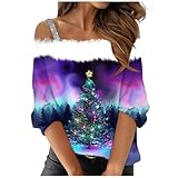 Weihnachtspullover Damen Fleece Plüsch Warm Weihnachtssweatshirt Rentier Print Plus Size Thermo Pullover Loungewear Lustige Weihnachtspullover Wandern Jogging Sweatshirt Weihnachtsgeschenk, violett,