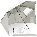 Eulenke Sonnenschirm mit Fenster und Windschutz, Wasserabweisende Balkonschirm 210g/㎡ Polyester Sonnenschutz UV50+, Khaki Kurbelsonnenschirm Ø 210cm Höhe 200cm Mit Tragetasche