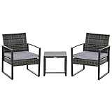 Outsunny Rattan, Polyrattan 3 TLG. Balkonmöbel Set Gartenmöbel mit Kissen Garten Grau